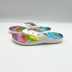 Crocs Unisex Classic Spray Dye Flip Thong Sandals Slip-on White & Rainbow Size 6